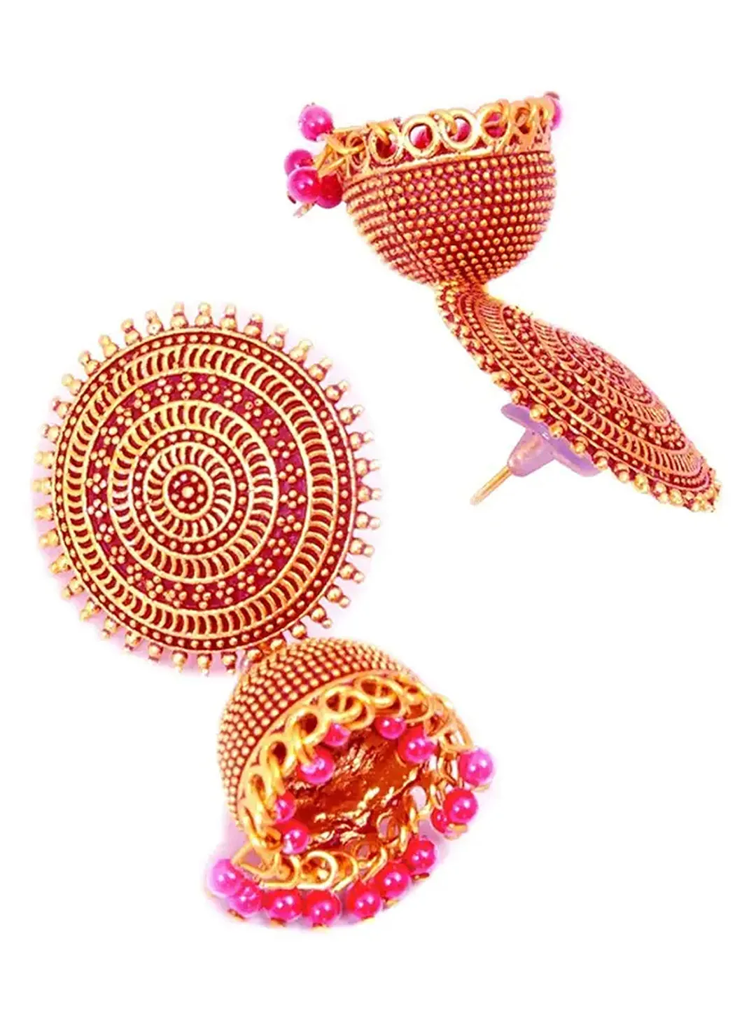 Golden and Pink Pearls Dome Shape Jhumka