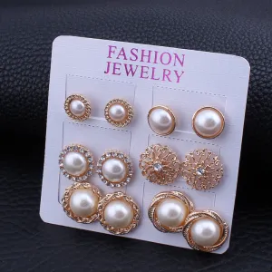 Golden Pearl Stud Earrings 6 Pair Combo