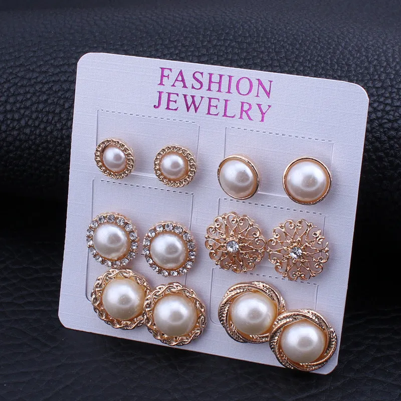 Golden Pearl Stud Earrings 6 Pair Combo