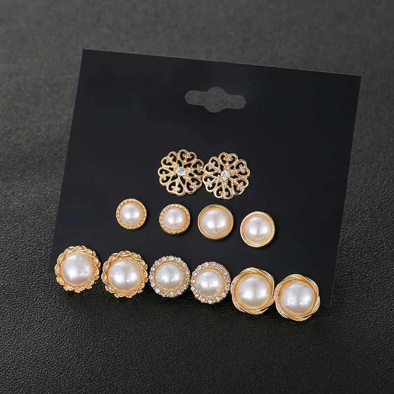 Golden Pearl Stud Earrings 6 Pair Combo