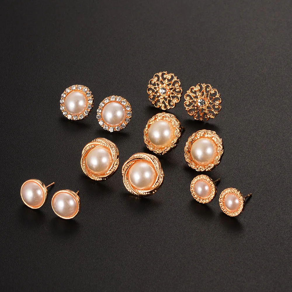 Golden Pearl Stud Earrings 6 Pair Combo