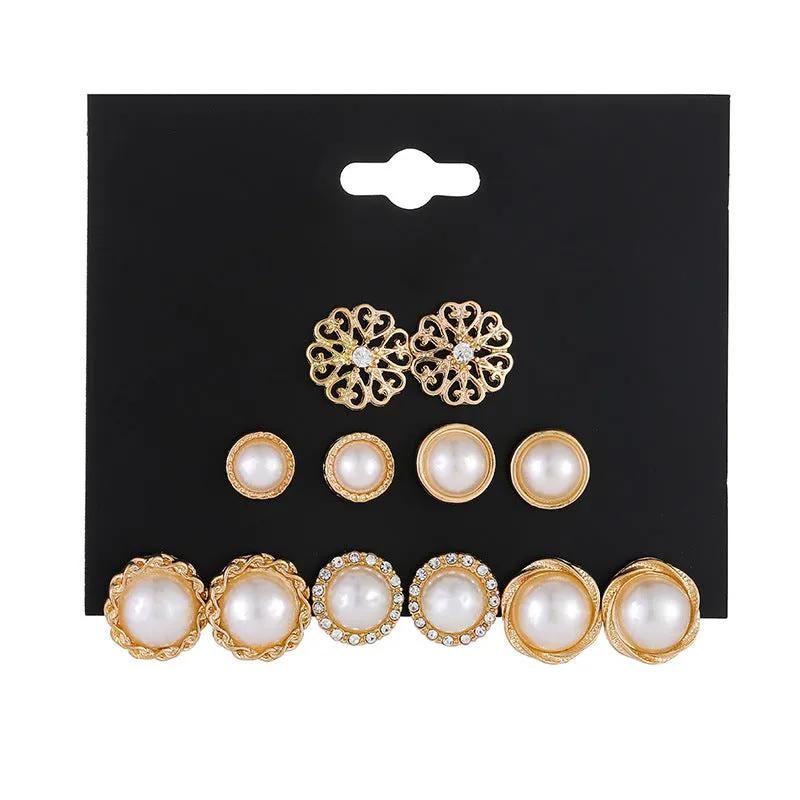 Golden Pearl Stud Earrings 6 Pair Combo