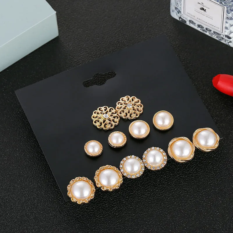 Golden Pearl Stud Earrings 6 Pair Combo
