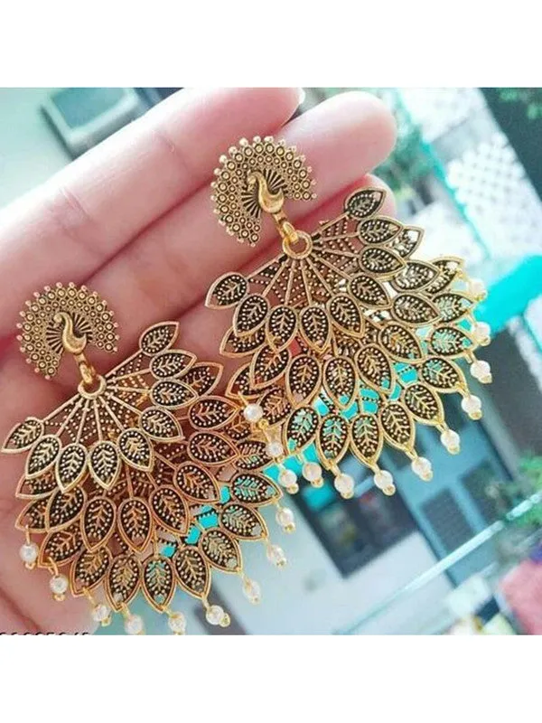 Golden Pearls Drop Peacock Shaped Dangler Earrings