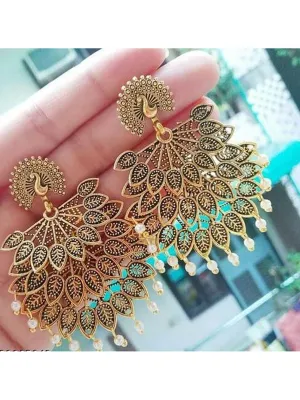 Golden Pearls Drop Peacock Shaped Dangler Earrings
