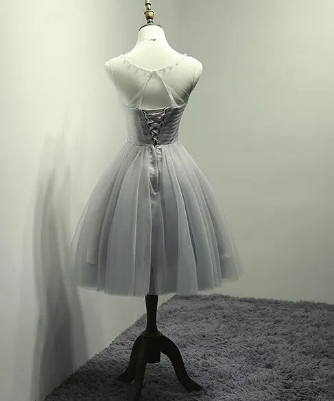 Grey Tulle Short Round Neckline Beaded Homecoming Dresses, Stylish Short Prom Dress, Party Dresses
