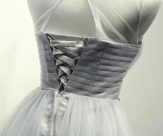 Grey Tulle Short Round Neckline Beaded Homecoming Dresses, Stylish Short Prom Dress, Party Dresses