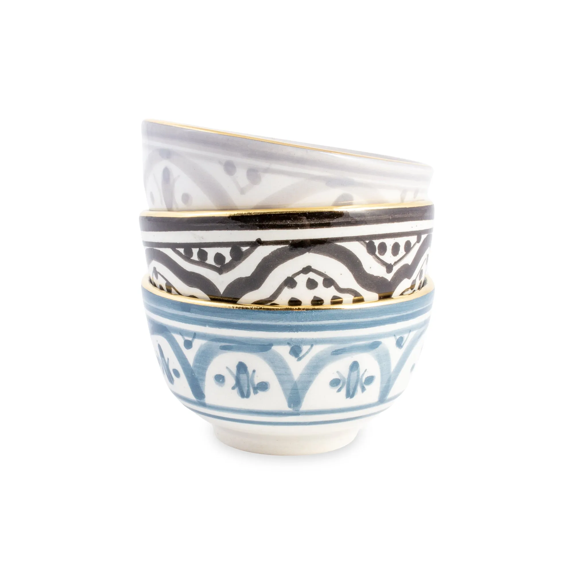 Handmade Zwak Pattern Glazed Moroccan Condiment Bowls with 12K Gold
