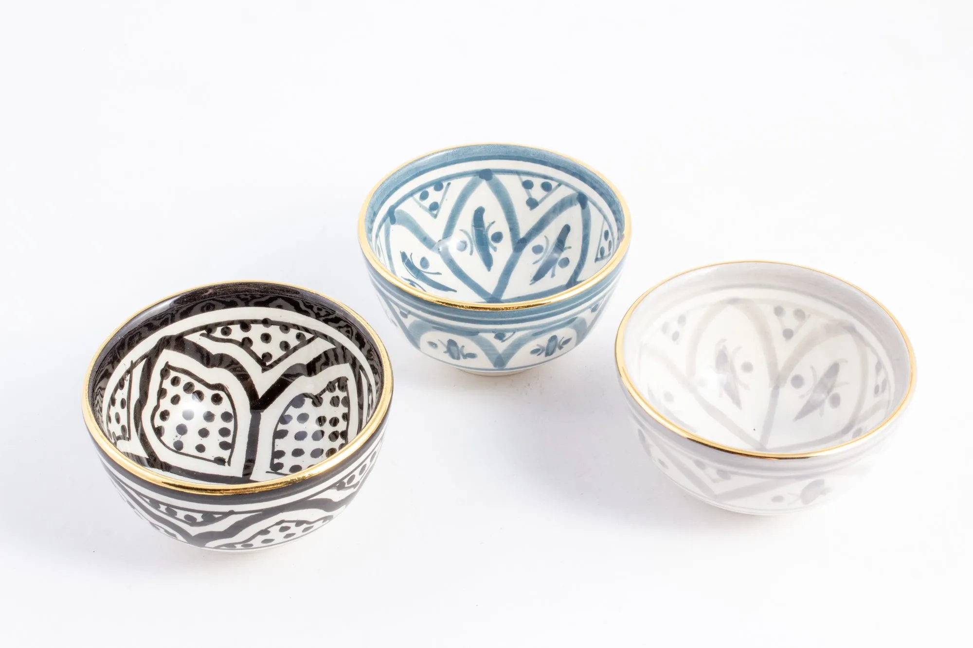 Handmade Zwak Pattern Glazed Moroccan Condiment Bowls with 12K Gold