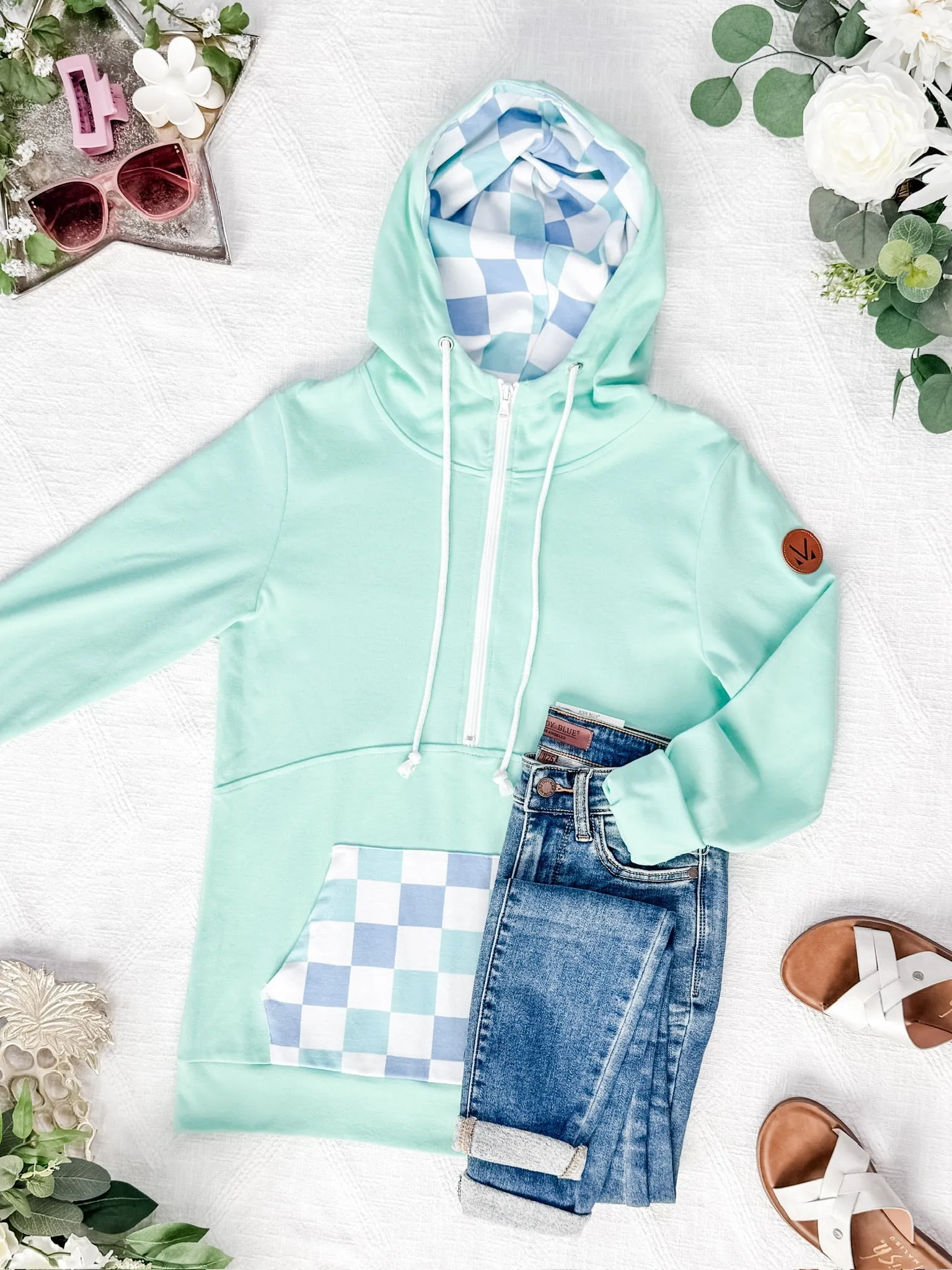 IN STOCK HalfZip Hoodie - Mint with Blue and Mint Checker MM EXCLUSIVE
