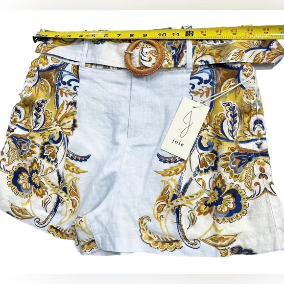 Joie 100% Linen Brocade Shorts White / Gold High-Waisted Women Large Belt Pocket