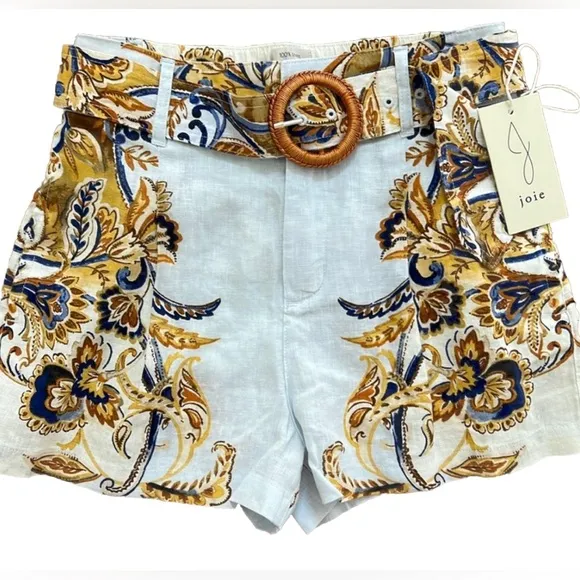 Joie 100% Linen Brocade Shorts White / Gold High-Waisted Women Large Belt Pocket