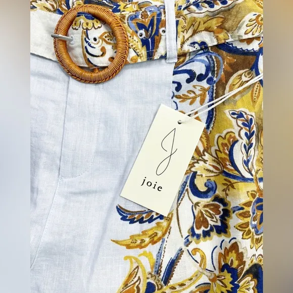 Joie 100% Linen Brocade Shorts White / Gold High-Waisted Women Large Belt Pocket