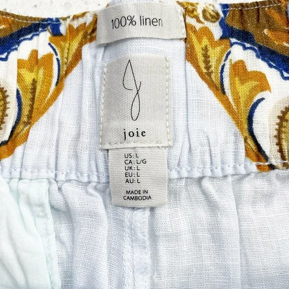Joie 100% Linen Brocade Shorts White / Gold High-Waisted Women Large Belt Pocket
