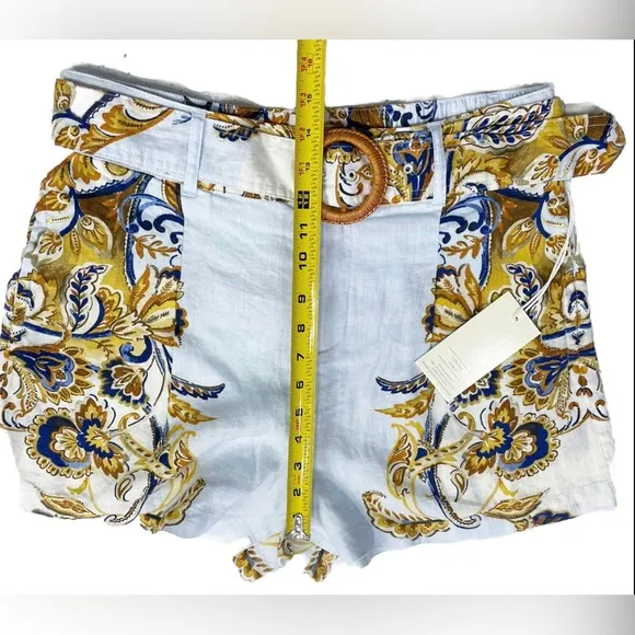 Joie 100% Linen Brocade Shorts White / Gold High-Waisted Women Large Belt Pocket
