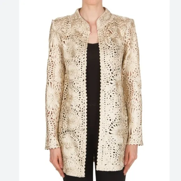 Joseph Ribkoff beige woven jacket coat gold highlights NWT