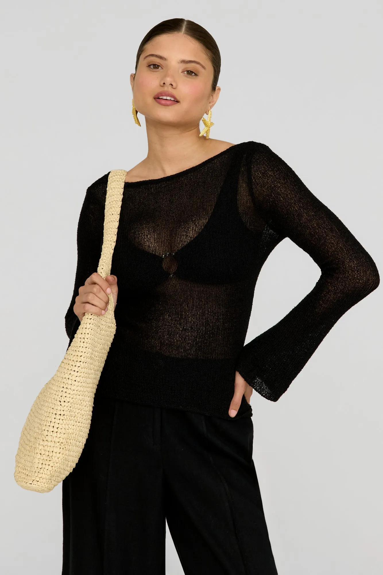 KAI MULTIWAY LONG SLEEVE RESORT KNIT TOP - SHADOW BLACK