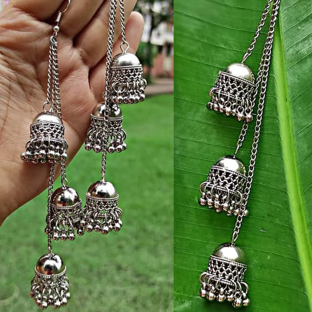 Kashmiri Silver Ghungroo Three Layered Jhumki