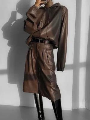 Leather Pant Set Solid Brown Outfits