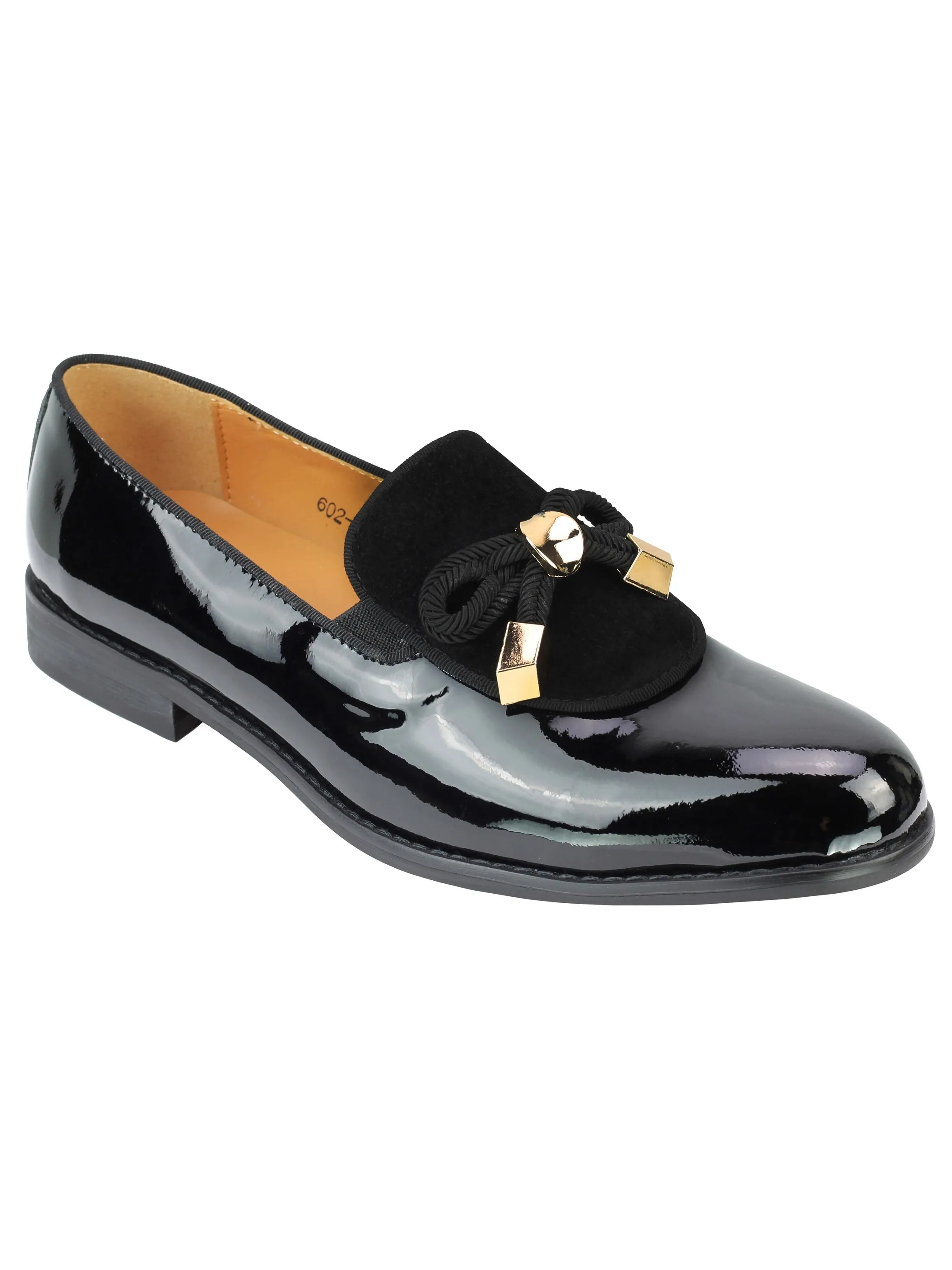 Mens Black Patent Real Leather Glossy Rope Bow Tie Metal Trim Loafers Wedding Party Shoes