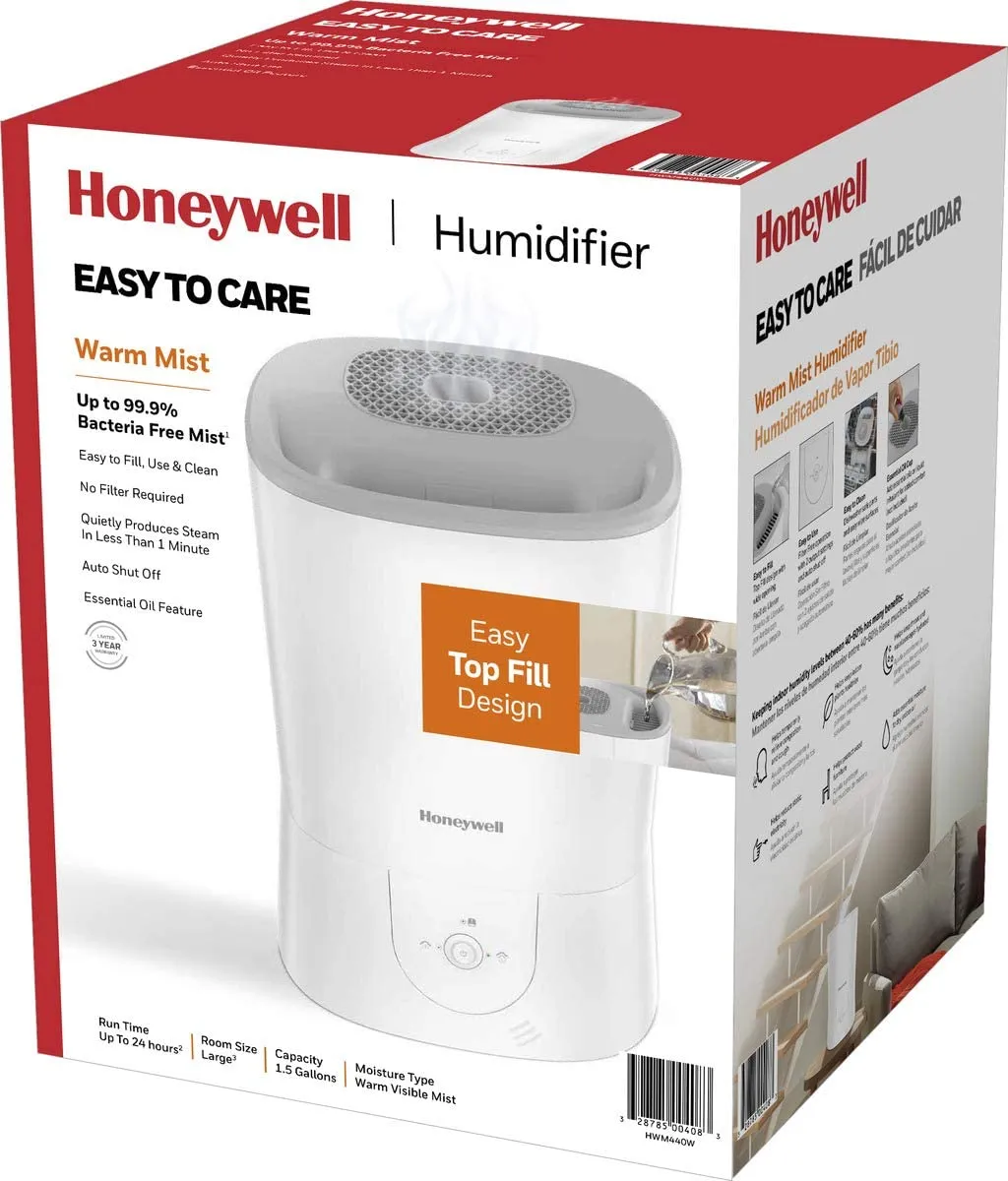 New in box! Honeywell HWM440WC Top Fill Easy to Care Warm Mist Humidifier, White, with Essential Oil Cup, Auto Shut-off, Warm Visible Mist