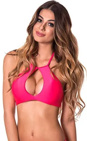 New RELLECIGA Women's Keyhole Halter Top High Neck Bikini Top, Neon Rose, Sz S!