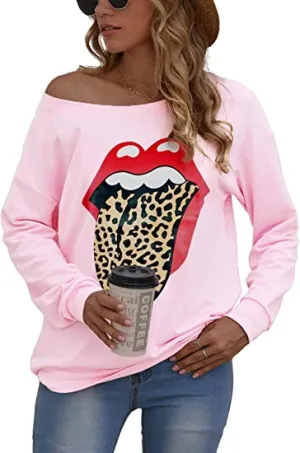 New SENFURE Womens Red Lips Leopard Print Lightweight off shoulder Sweatshirt in pink, Sz S!
