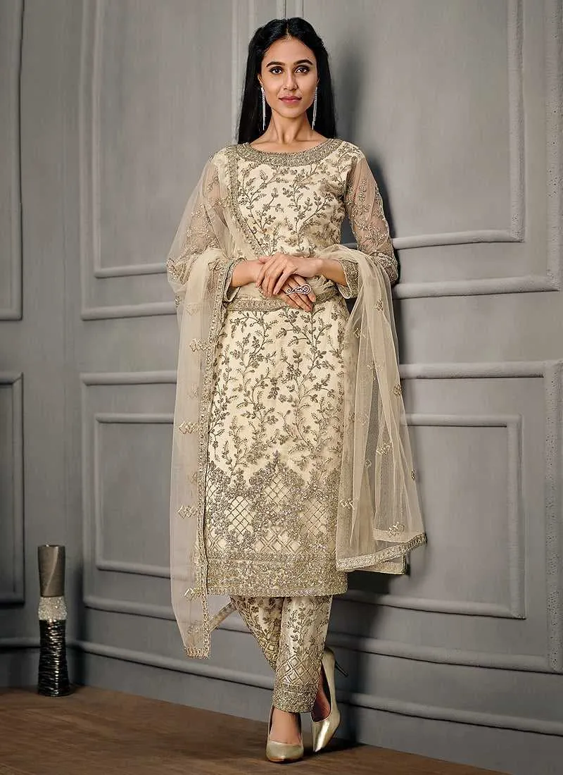 Off Whte Heavy Embroidered Designer Stylish Pant Suit