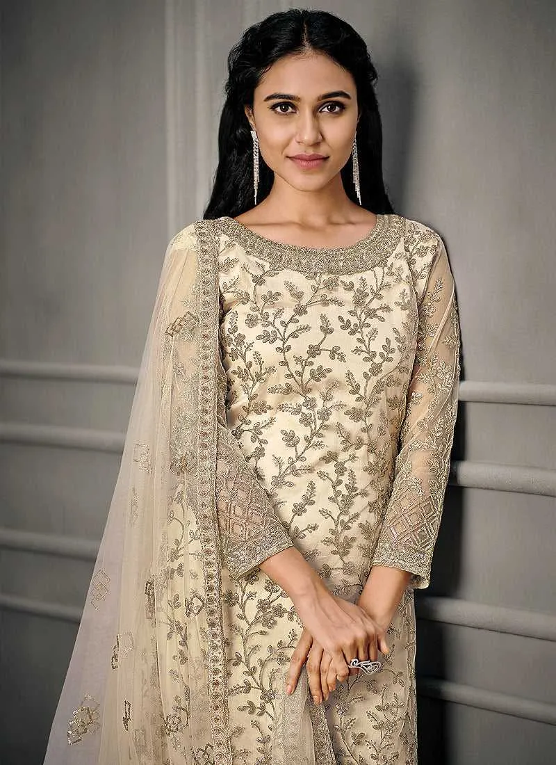 Off Whte Heavy Embroidered Designer Stylish Pant Suit