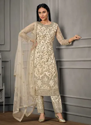 Off Whte Heavy Embroidered Designer Stylish Pant Suit
