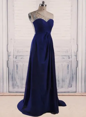 One Shoulder Stylish Beaded Chiffon Blue Evening Dresses, Beautiful Formal Dress. Prom Dress 2018
