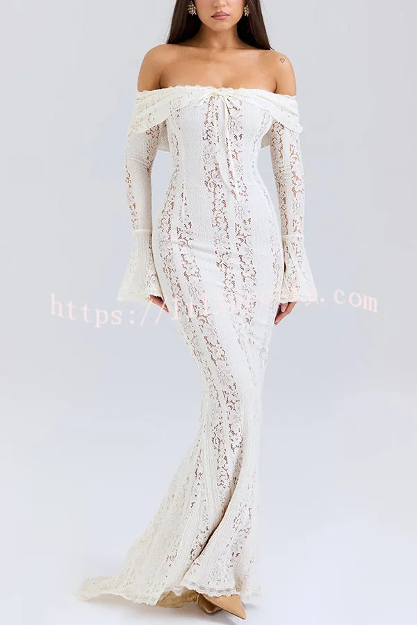 Outline The Curve Floral Lace Off Shoulder Bell Sleeve Stretch Maxi Dress