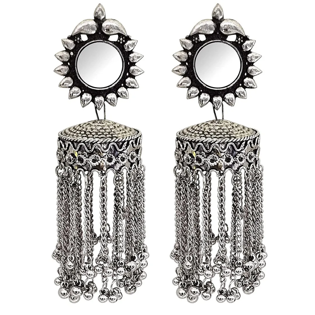 Oxidized Black Silver Afghani Style Mirror Jhumki