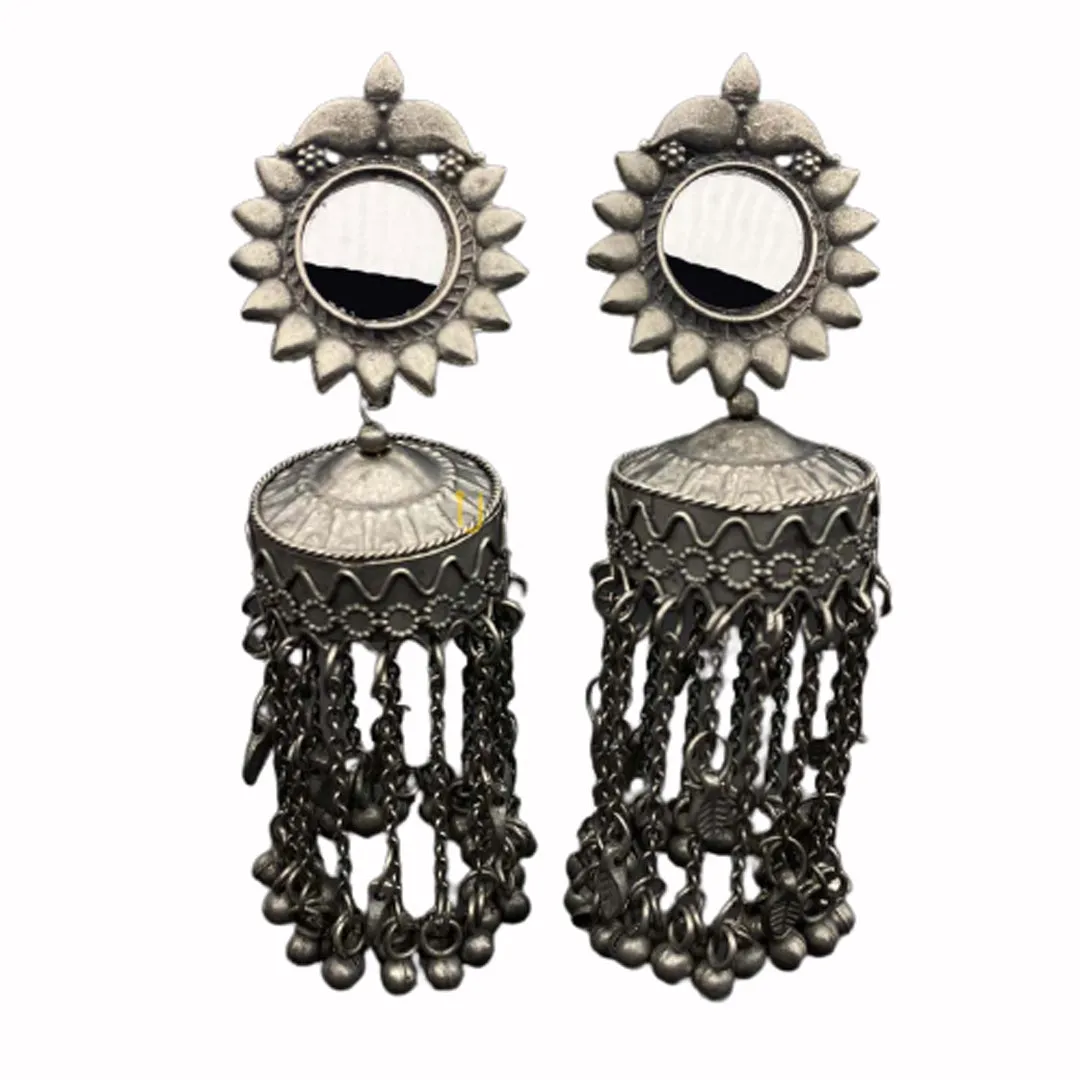 Oxidized Black Silver Afghani Style Mirror Jhumki