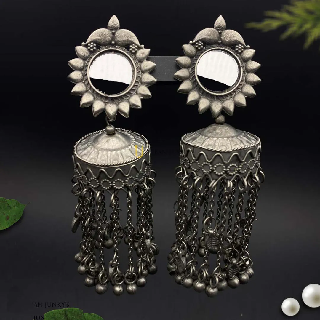 Oxidized Black Silver Afghani Style Mirror Jhumki