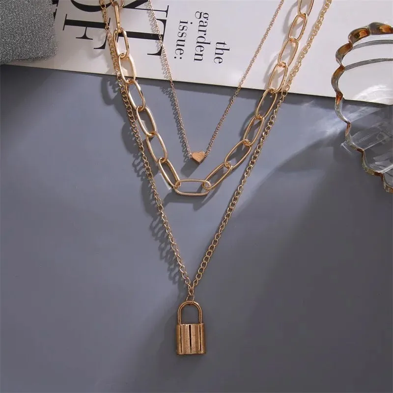 Pack of 2 Heart Lock Chunky Chain Pendant