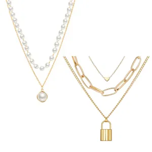 Pack Of 2 Layered Pearl Heart And Lock Pendant