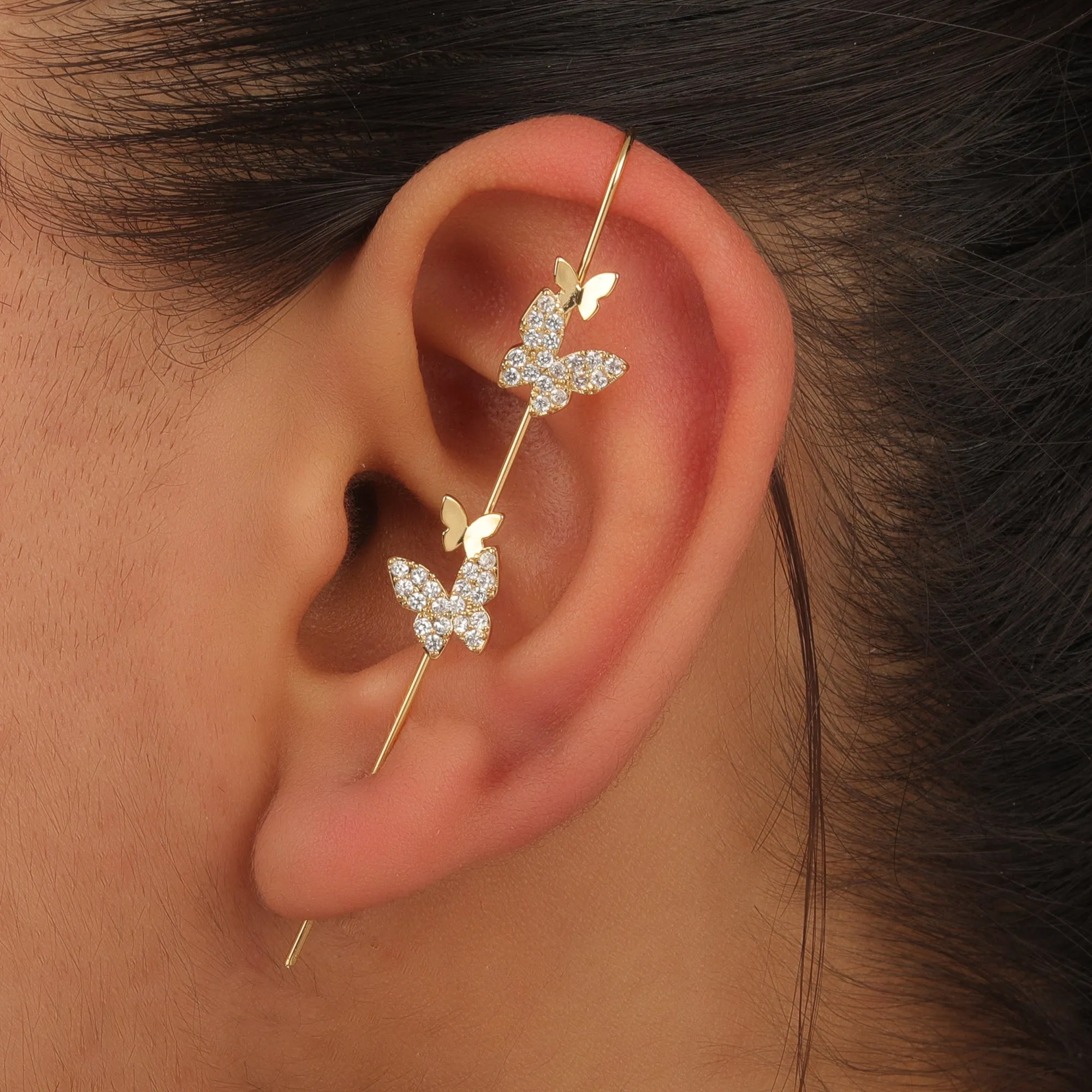Pack Of 3 Zircon Studded And Butterfly Ear Cuff
