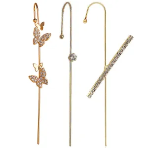 Pack Of 3 Zircon Studded Cross And Butterfly Ear Cuff