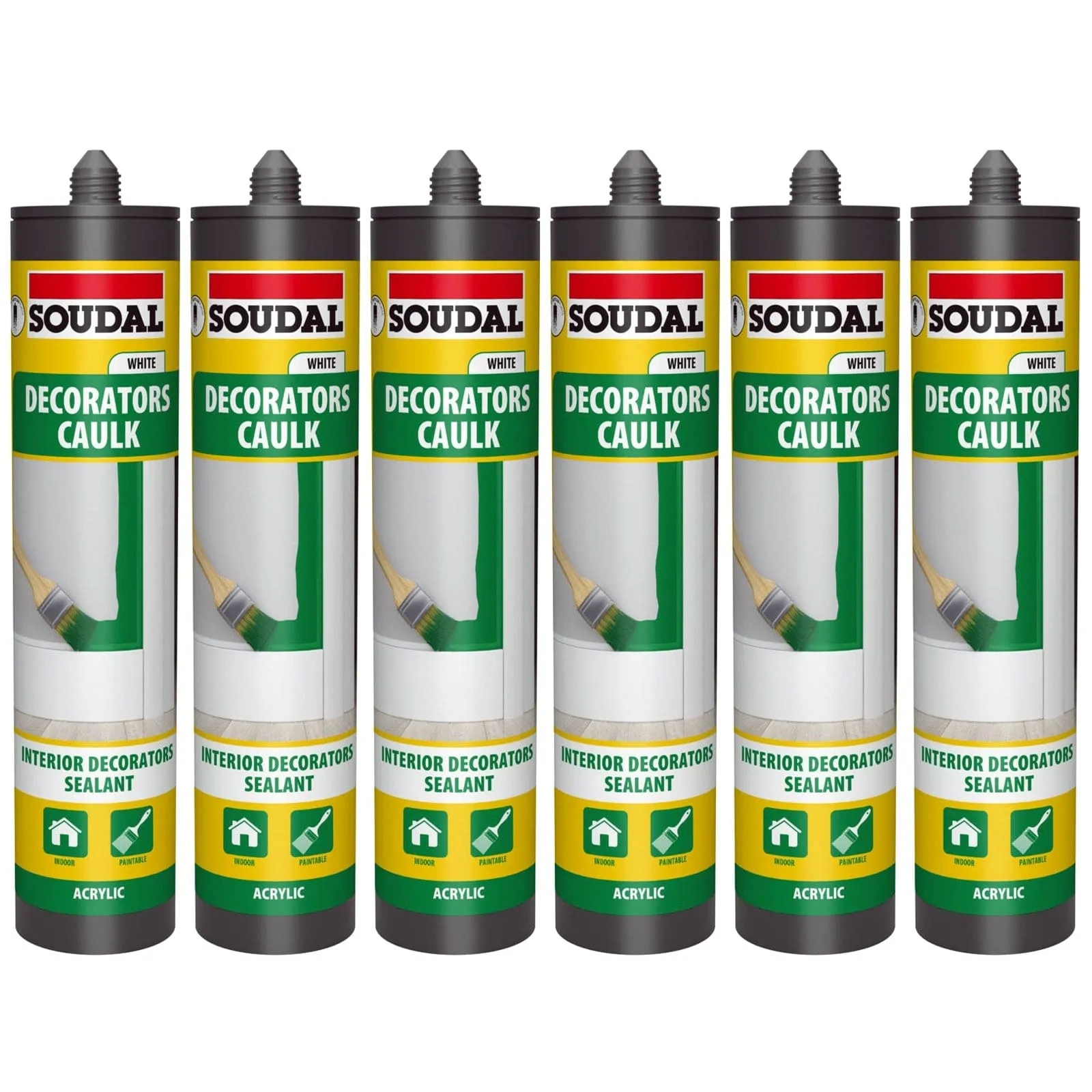 Pack of 6 Soudal Decorators Caulk White Acrylic Flexible Sealant - 290ml