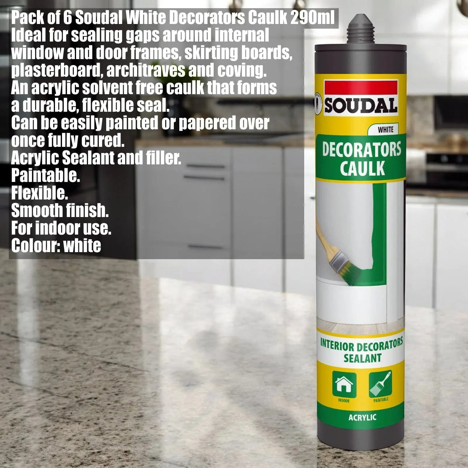 Pack of 6 Soudal Decorators Caulk White Acrylic Flexible Sealant - 290ml