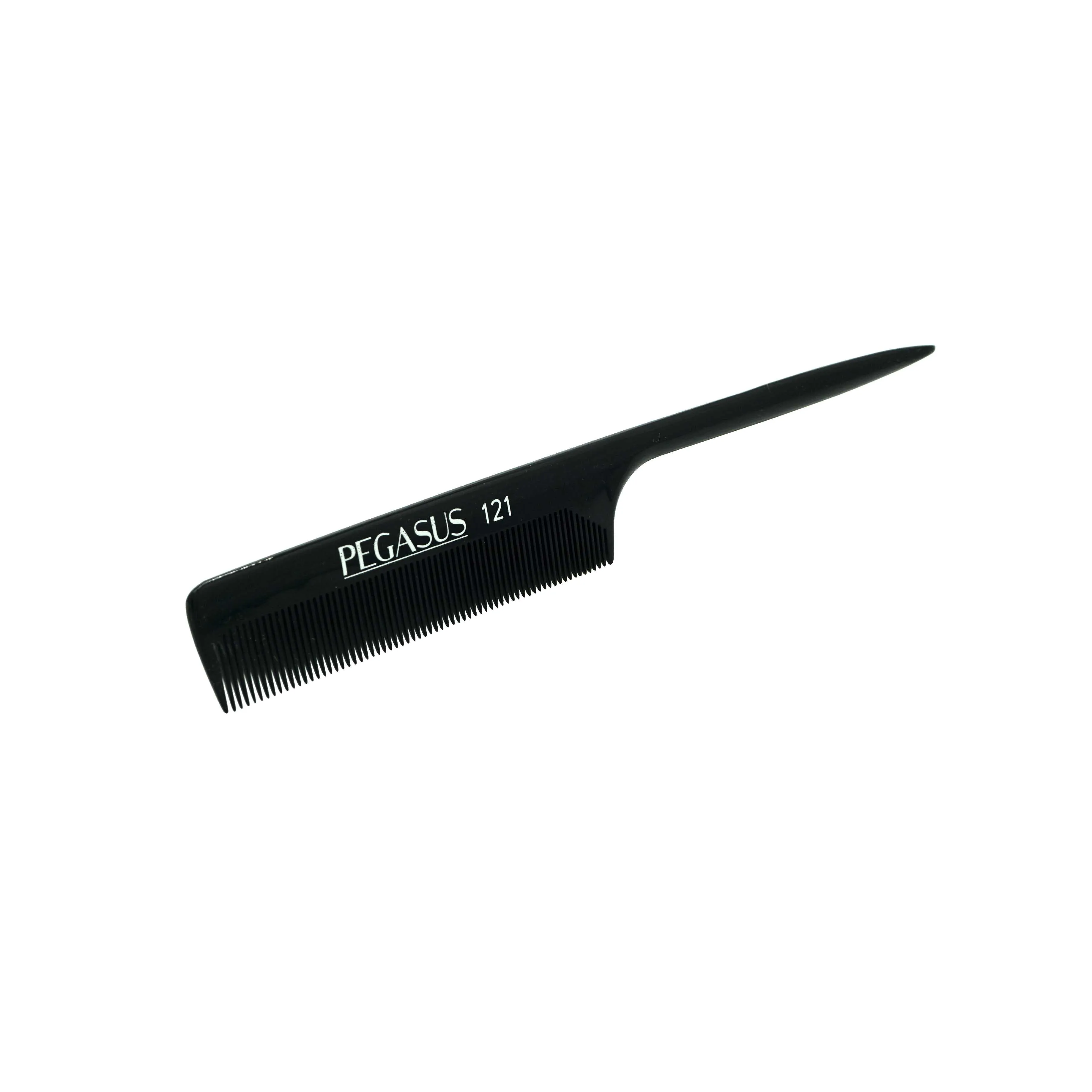 Pegasus 121, 8in Hard Rubber Course Tooth Rat Tail Comb, Handmade, Seamless, Smooth Edges, Anti Static, Heat and Chemically Resistant, Great for Parting, Coloring Hair | Peines de goma dura - Black