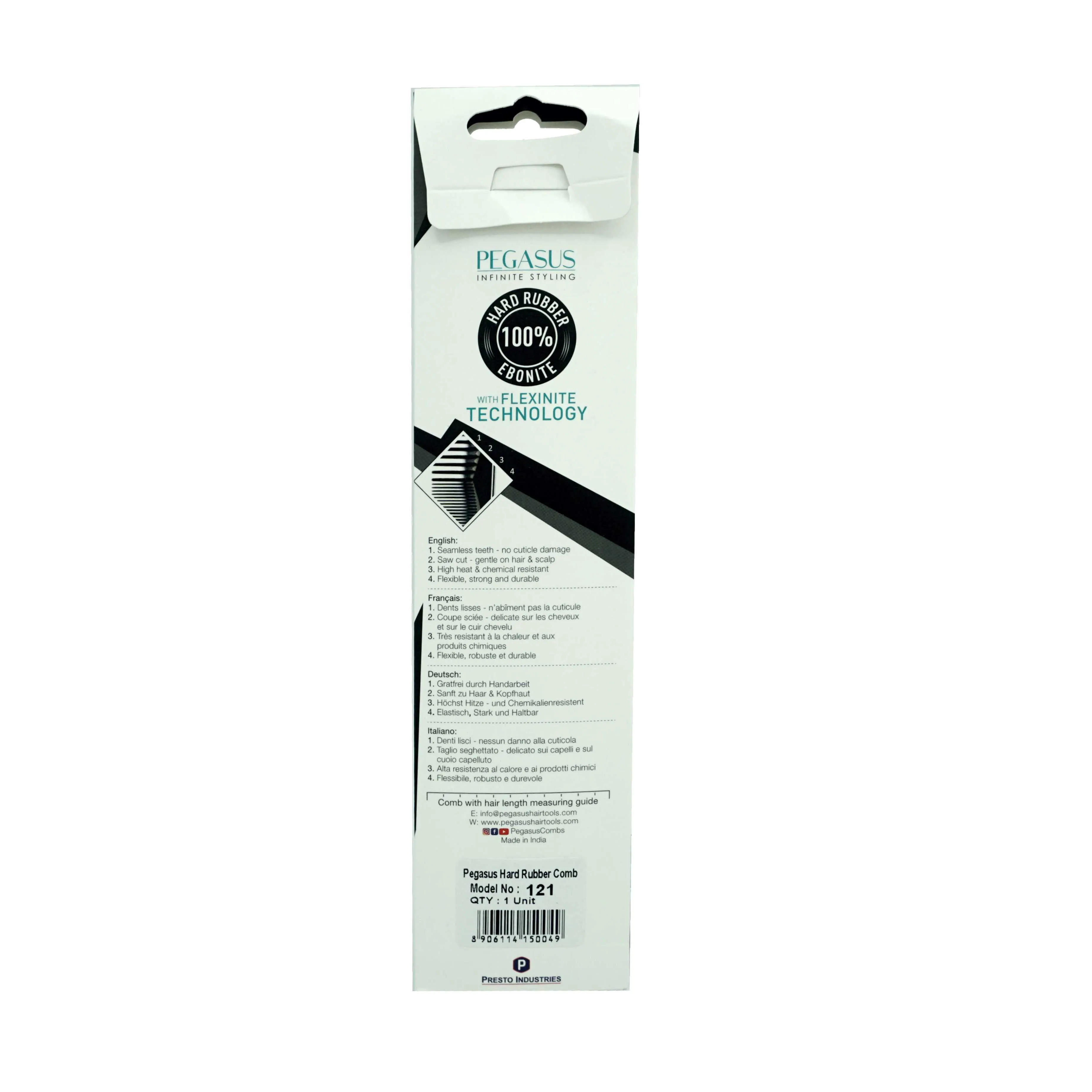 Pegasus 121, 8in Hard Rubber Course Tooth Rat Tail Comb, Handmade, Seamless, Smooth Edges, Anti Static, Heat and Chemically Resistant, Great for Parting, Coloring Hair | Peines de goma dura - Black