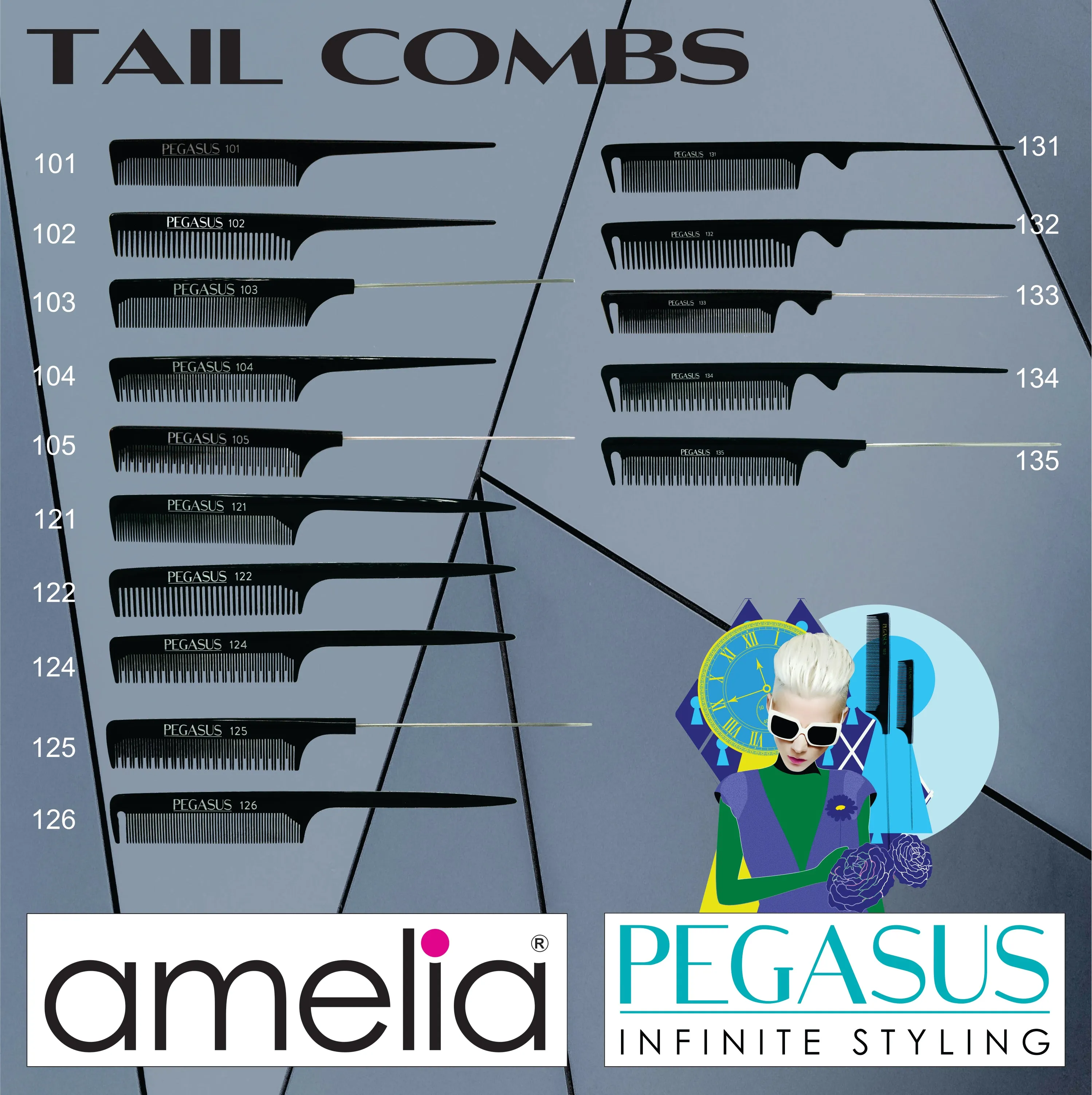 Pegasus 121, 8in Hard Rubber Course Tooth Rat Tail Comb, Handmade, Seamless, Smooth Edges, Anti Static, Heat and Chemically Resistant, Great for Parting, Coloring Hair | Peines de goma dura - Black