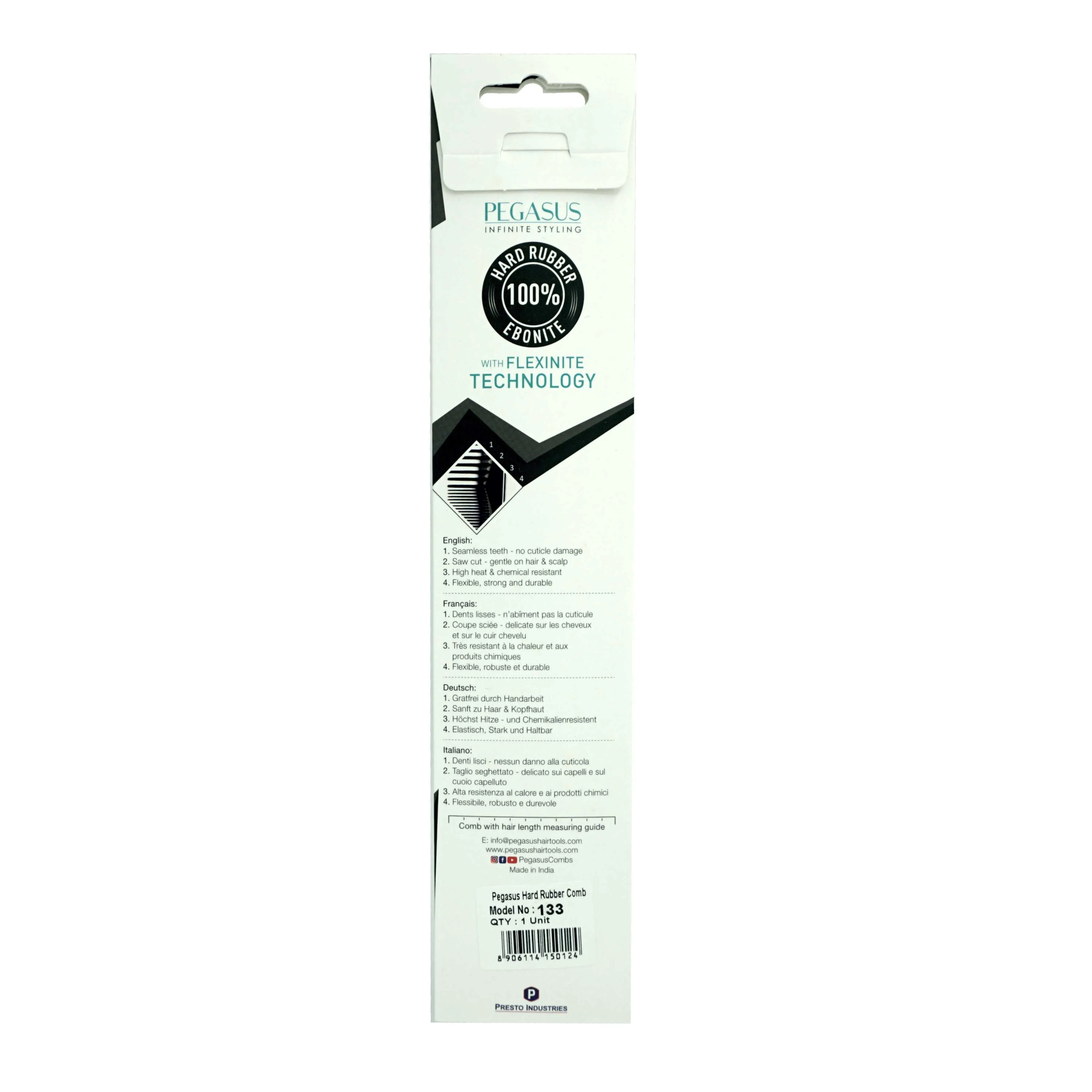 Pegasus 133, 9.75in Hard Rubber Pintail Sectioning Comb, Seamless, Anti Static, Heat and Chemically Resistant, Stainless Steel Pin, Great for Parting, Coloring Hair | Peines de goma dura - Black