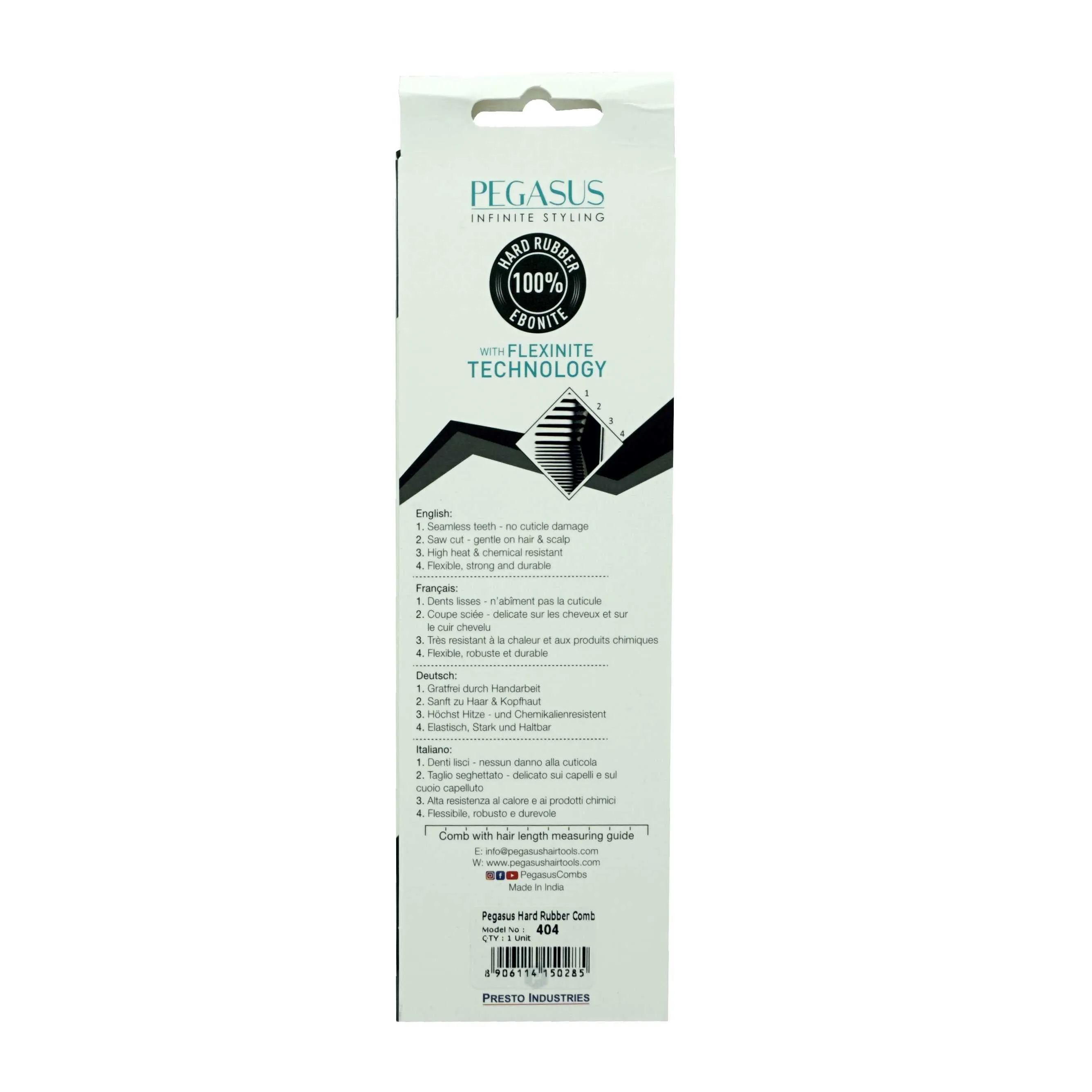 Pegasus 404, 7in Hard Rubber Wide Tooth Tall Styling Comb, Handmade, Seamless, Smooth Edges, Anti Static, Heat and Chemically Resistant, Wet Hair, Everyday Grooming Comb | Peines de goma dura - Black