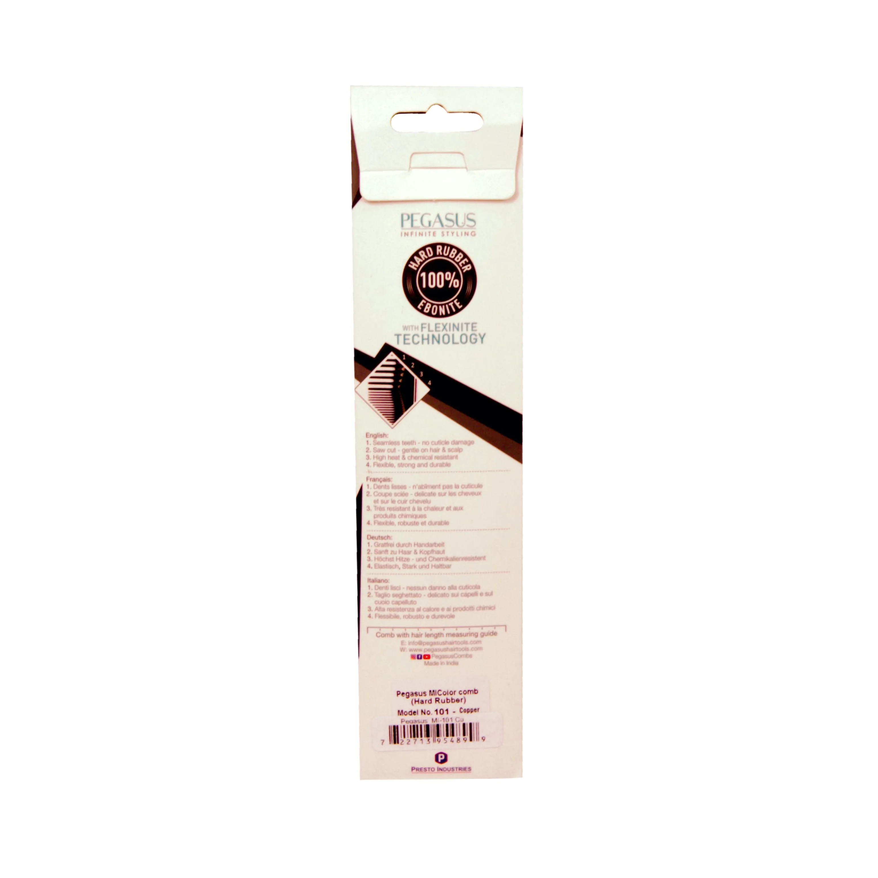 Pegasus MICOLOR 101, 8in Hard Rubber Fine Tooth Rat Tail Comb, Handmade, Seamless, Smooth Edges, Anti Static, Heat and Chemically Resistant, Great for Parting, Coloring Hair | Peines de goma dura - Copper