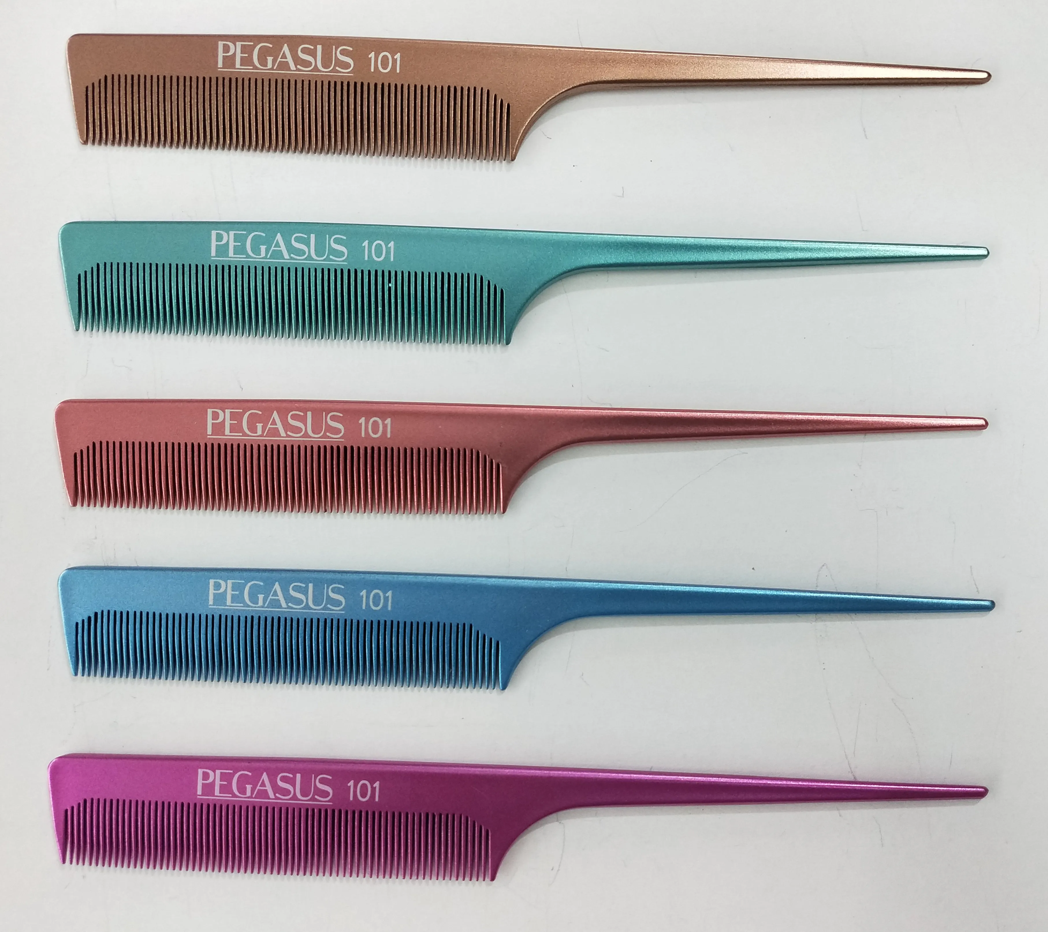 Pegasus MICOLOR 101, 8in Hard Rubber Fine Tooth Rat Tail Comb, Handmade, Seamless, Smooth Edges, Anti Static, Heat and Chemically Resistant, Great for Parting, Coloring Hair | Peines de goma dura - Gold