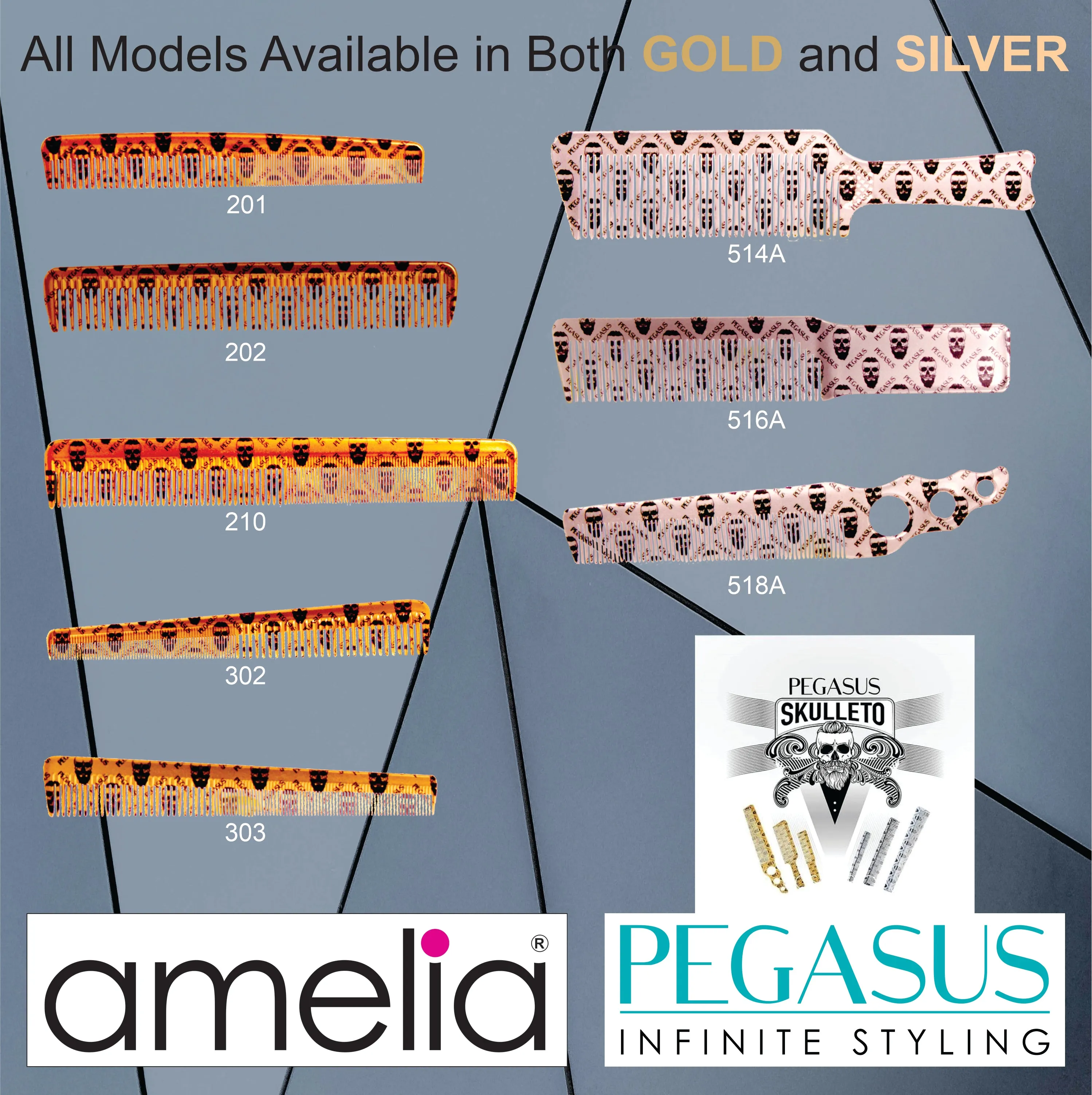 Pegasus Skulleto 201, 7in Hard Rubber Hair Detangling/Trimmer Comb, Handmade, Seamless, Smooth Edges, Anti Static, Heat and Chemically Resistant, Wet Hair, Everyday Grooming Comb | Peines de goma dura - Gold