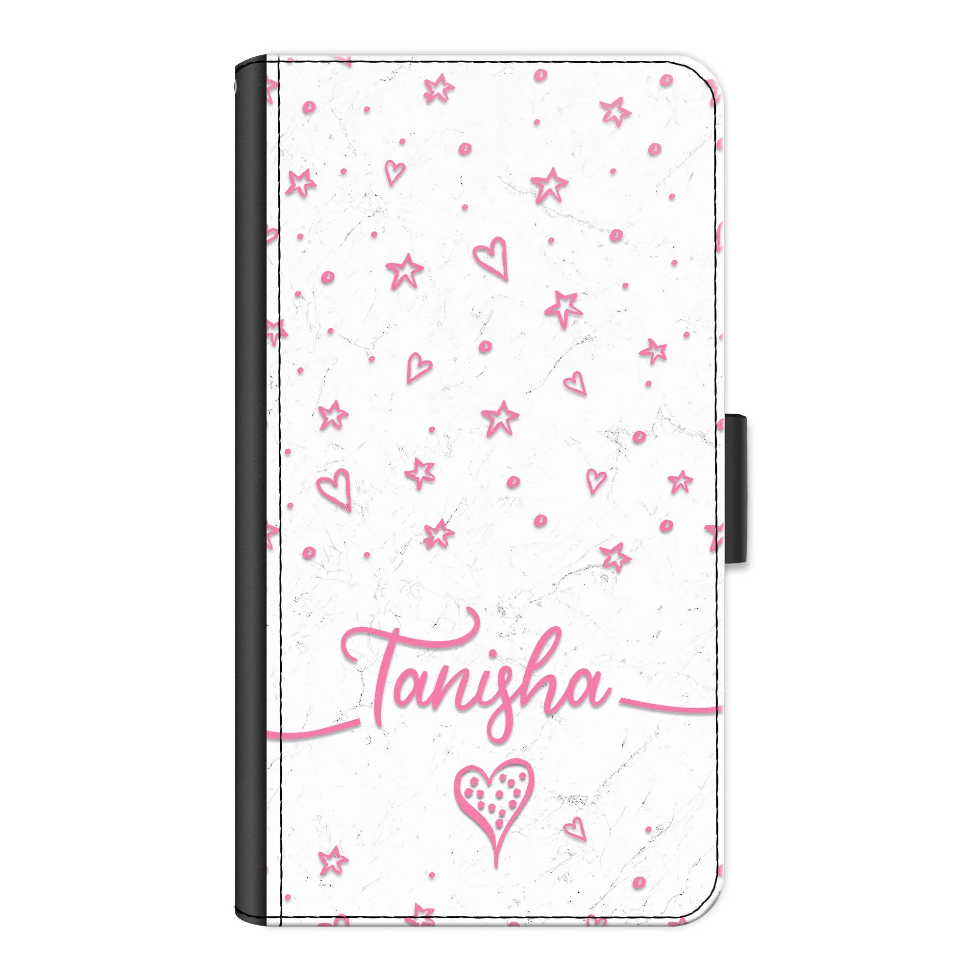 Personalised OnePlus Phone Leather Wallet with Pink Stylish text, Stars and Hearts on White Marble